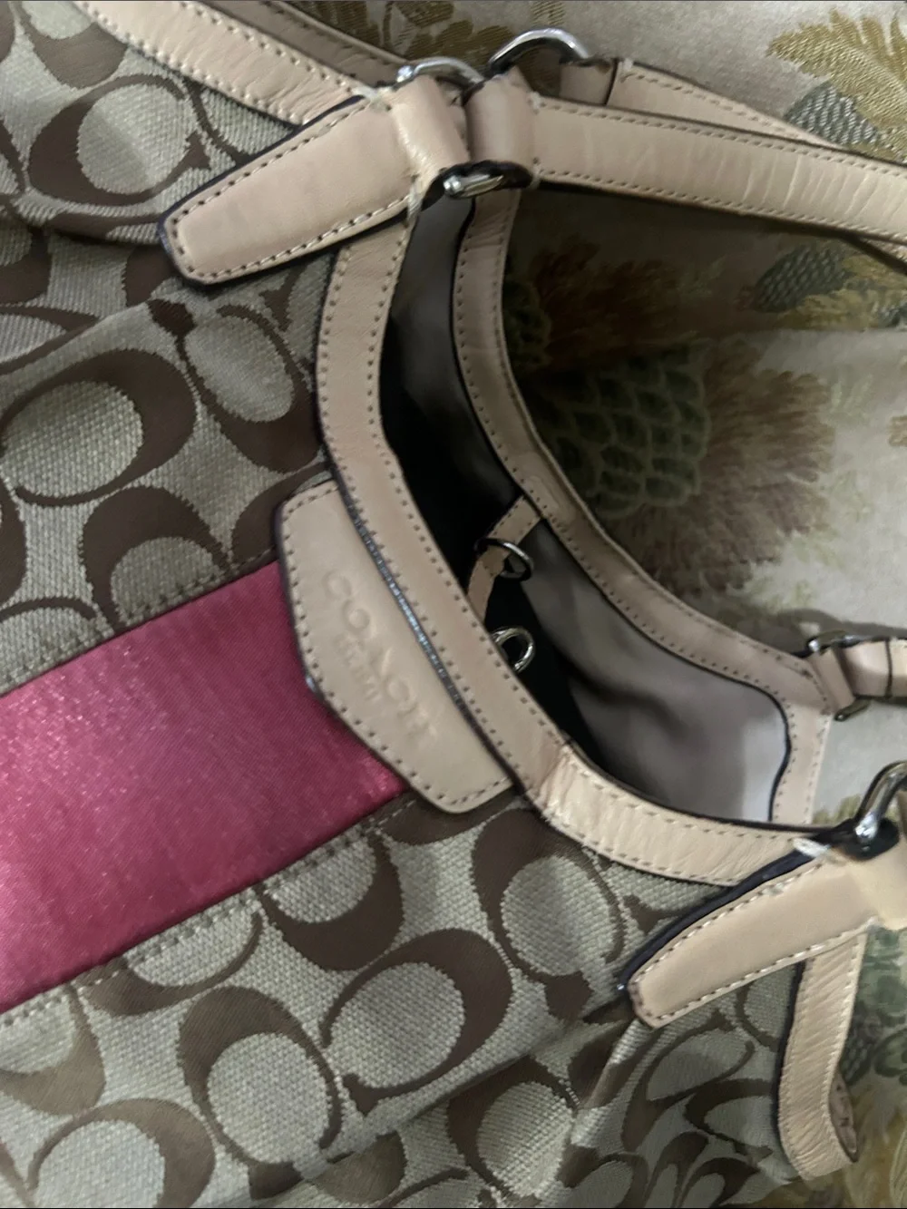 Coach Beige Signature Canvas Tote with Pink Center Panel